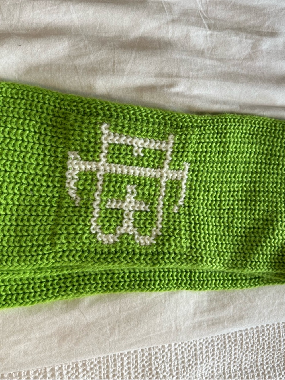 Dairy Boy Bright Green Knit Scarf with White Graphic Accent